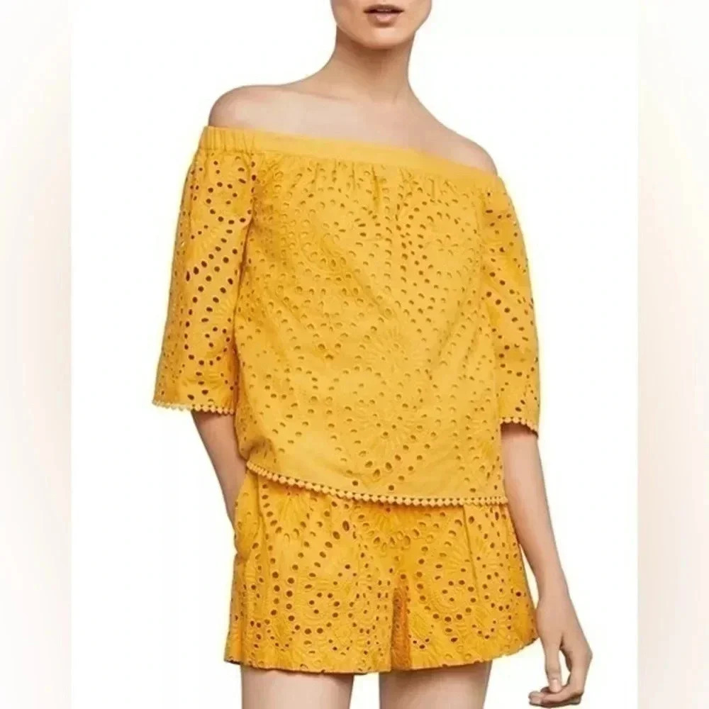 BCBGMAXAZRIA | Golden Yellow Cotton Off-The-Shoulder Eyelet Top Blouse Size XXS